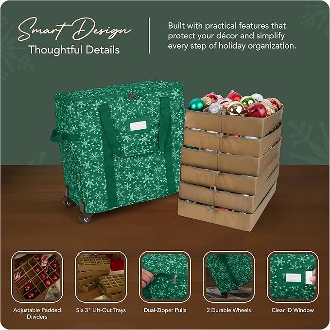 Covermates Keepsakes Rolling Adjustable Ornament Storage Bag – Heavy-Duty Polyester, FlexGrid Trays & Padded Dividers – Protective Holiday Organizer with Wheels, Handles & ID Window, Green Snowflake