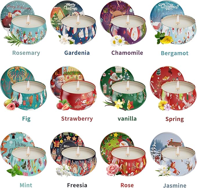 Christmas Candles Gifts Set for Women, Primevolve Scented Candles for 12 Bulk Home Aromatherapy, Strongly Fragrance Long Lasting Portable Travel Tin for Spa Bath Yoga
