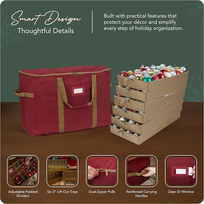 Covermates Keepsakes Adjustable Ornament Storage Bag – Heavy-Duty Polyester, Padded Dividers & FlexGrid Trays – Protective Holiday Ornament Organizer with Handles & Label Window, Red