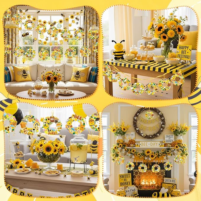 Hollowfly 48 Sets Bee Wreath Crafts Kits DIY Honey Bee Wreath Hanging Ornaments Make Your Own Paper Honeybee Craft with Sunflower Honey Flower Stickers for Summer Home Party Favors Activities