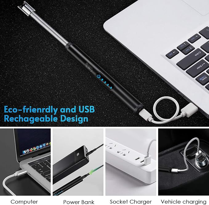 Candle Lighter, Plasma Electric Arc Lighters with 360¡ã Flexible Long Neck and LED Battery Display, USB Rechargeable Windproof Flameless for Camping Kitchen Grill Candle (Black)