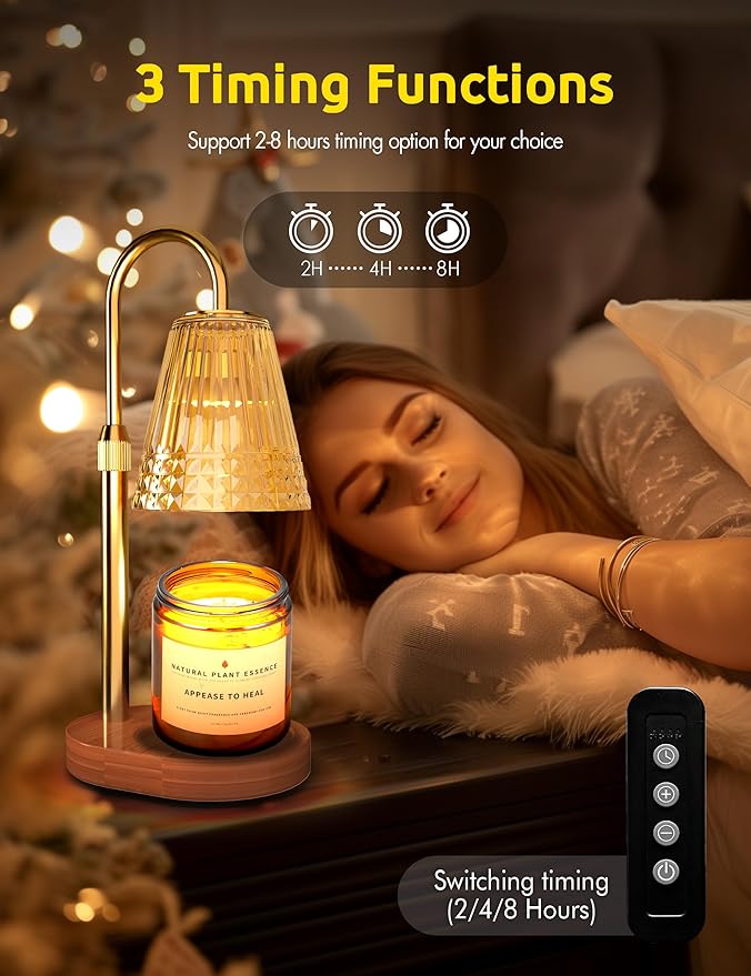 Candle Warmer Lamp with Timer, Dimmable Candle Lamp Warmer, Height Adjustable, Birthday Gifts for Women Mom, Vintage Home Decor for Scented Jar-Gold