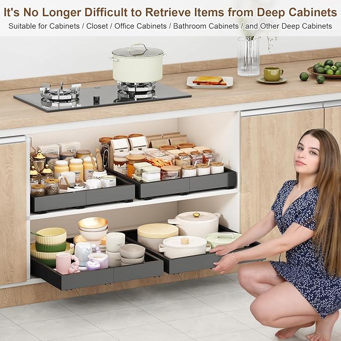 2Pc Pull out Cabinet Organizer,Width (11"-16"),Depth(17"-24") Expandable with 3 Rails,No Drill Roll out Drawers,Adhesive Sliding Drawers,Slide out Shelves for Cabinets Without Lip,Kitchen,Pantry,Black