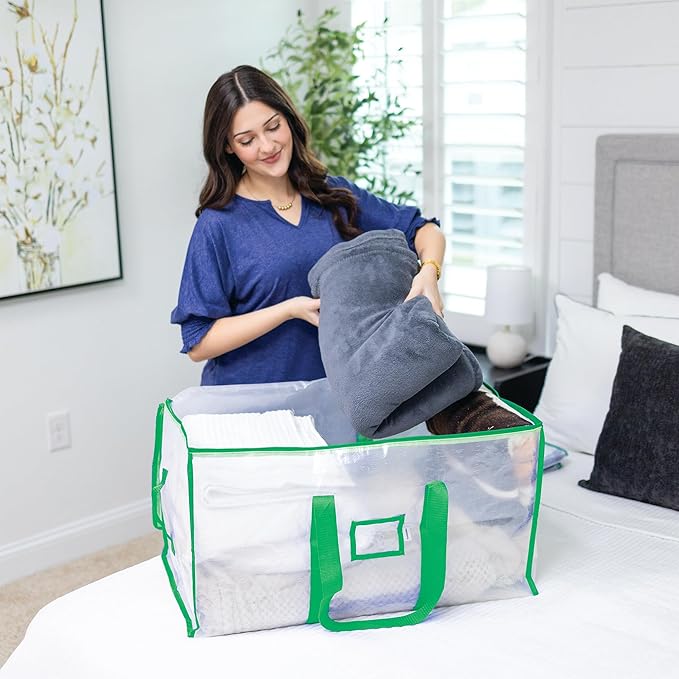 Storage and Moving Bags - Heavy Duty, Dust Protection and Water Resistant, Durable Zipper Closure and Sturdy Handles Best Moving Boxes Alternative (Green, 4 Pack)
