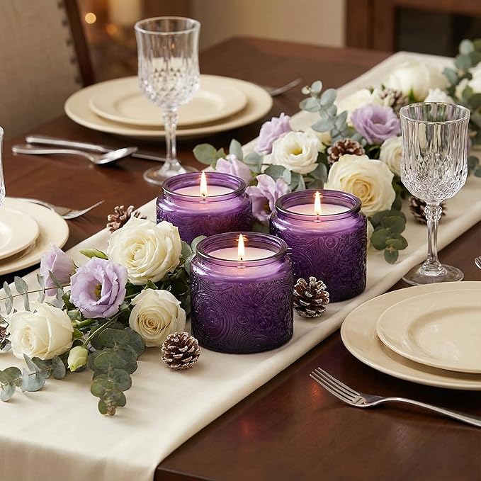 9-Pack 10 oz Sun Moon Star Embossed Glass Candle Jars with Mirror Lids and Labels - Unique Purple Containers with Lids for Candle Making