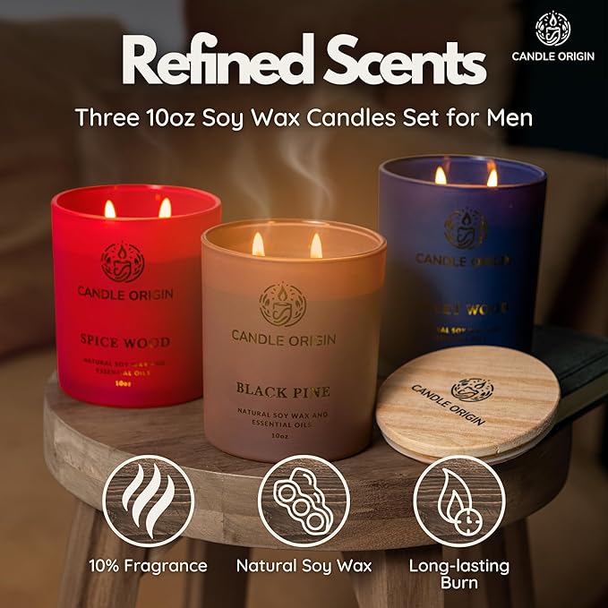 3×10 oz Scented Candles Premium Gift Set for Men - Aromatherapy Candles for Him - Natural Soy Wax - Clean Burning - Masculine Decor for Home, Office, Man Cave