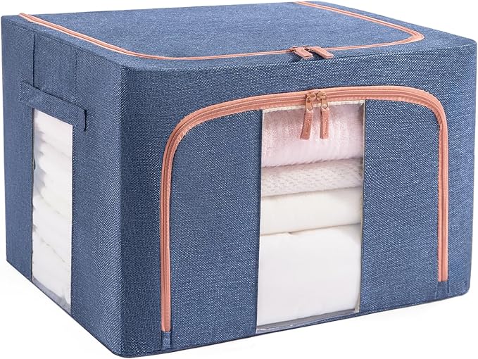GuliPostan 100L Stackable Clothes Storage Bins with Metal Frame Handles & Zipper, Collapsible Closet Organizer Box with Lid for Bedding Blankets Towel (Navy,1 pack)