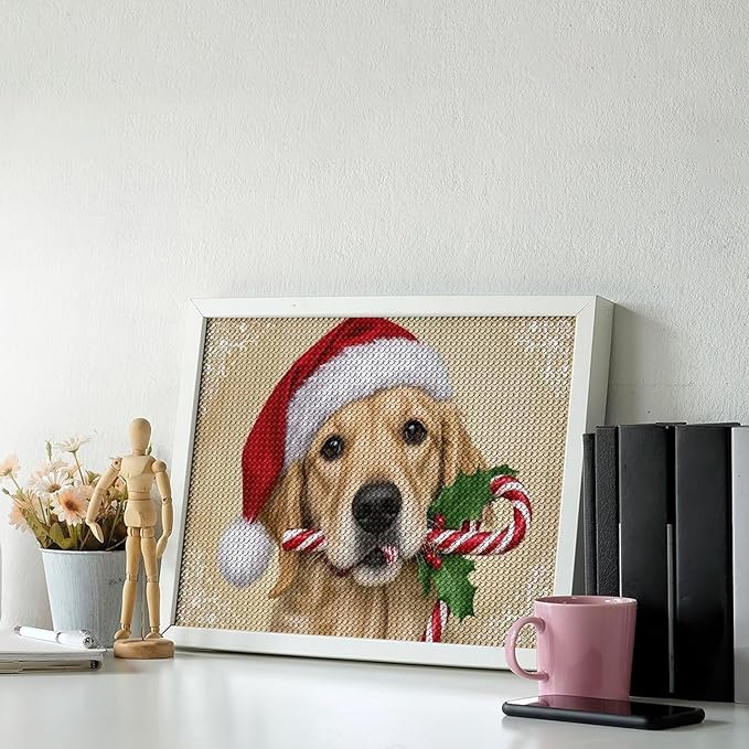 Diamond Painting Kits for Adults - Christmas Golden Retriever Puppy in Santa Hat with Candy Cane Painting DIY 5D Full Drill Diamond Dots Paintings with Diamonds Gem Art And Crafts Home Decor 12"x16"