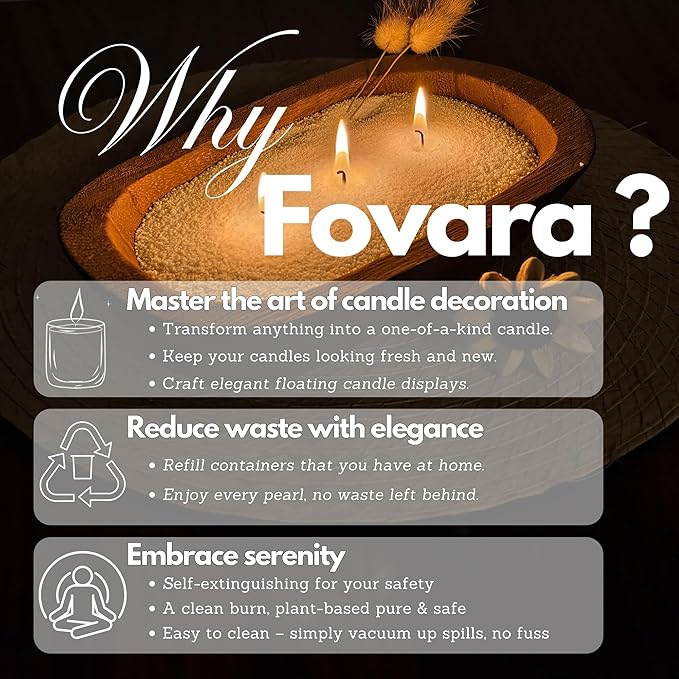 Fovara - Pearled Sand Candles with Wicks, 3.3 lbs - Sand Wax Candle Kit: Wooden Dough Bowl,50 Wicks, Jasmine & Lavender Scented Oil - Long-Lasting Candle Beads, Non-Toxic, Reusable Candles - White