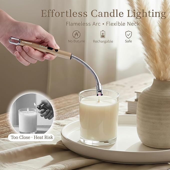TOMOLO Electric Candle Lighter, Long Flexible Neck Lighter with Safety Switch, Windproof Plasma Flameless USB Rechargeable Lighters for Candles, Grill, Camping & Gas Stove, 2-Pack (Black & Champagne)