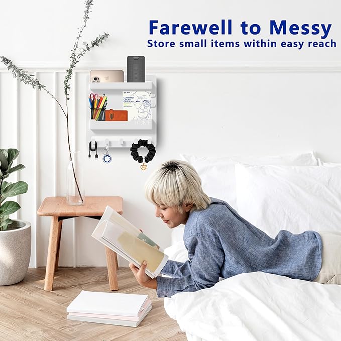 Bedside Shelf Wall Mount,Floating Bedside Adhesive Shelves Accessories,Wall Shelf Organizer and Storage for Bedroom,Camper,Dorm,Apartment-Phone,Earphone,Kindle,Remote Holder,Cable Clip,5 Hooks-White