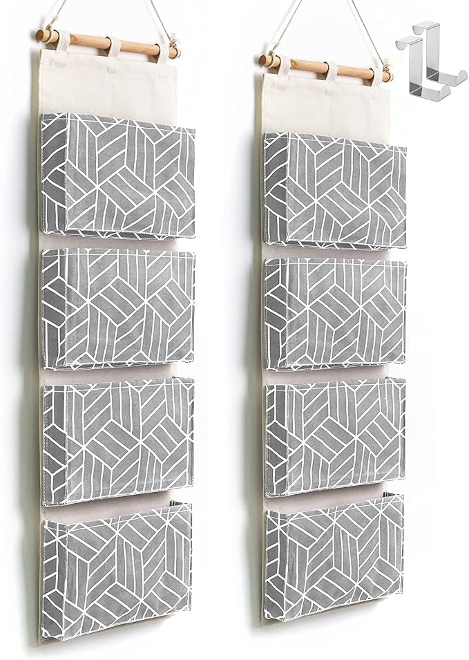CROWNED 2Pcs Over Door Hanging Storage Bags Wall Mount Closet Organizer, 4 Big Pockets Linen Cotton Fabric Multi Functional Living Room Bedroom Bathroom File Magazine Waterproof Free Hooks Grey