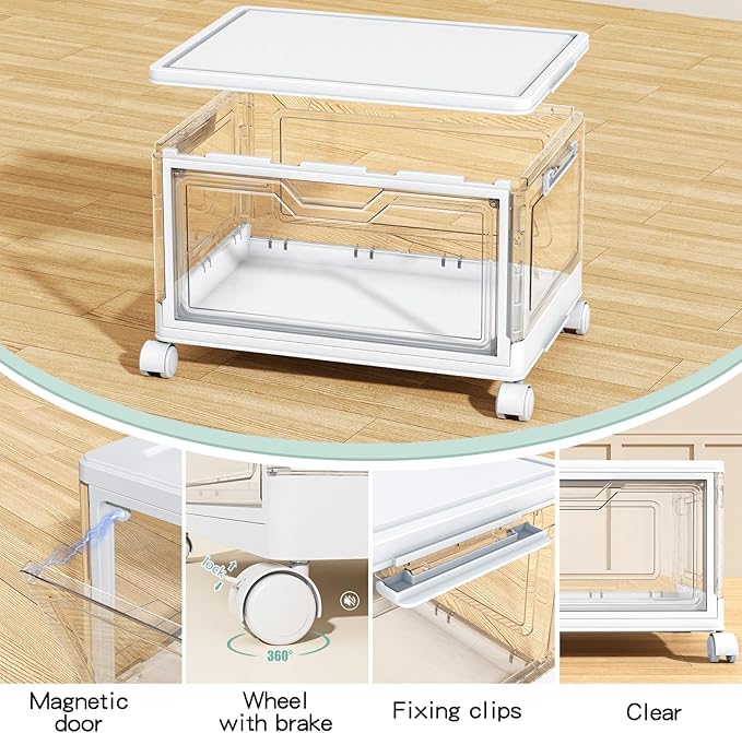 Clear Storage Bins with Lids - 4 Tier Plastic Bins with Wheels, Stackable Storage Bin, Closet Organizers Box for Bedroom, Living Room, 23 QT Folding Box with Magnetic door