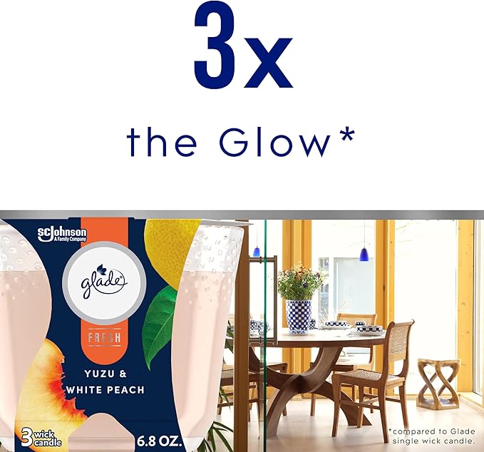 Glade 3-Wick Scented Candle Jar, Yuzu & White Peach, Air Freshener Infused with Essential Oils, 6.8 Oz, 3 Count