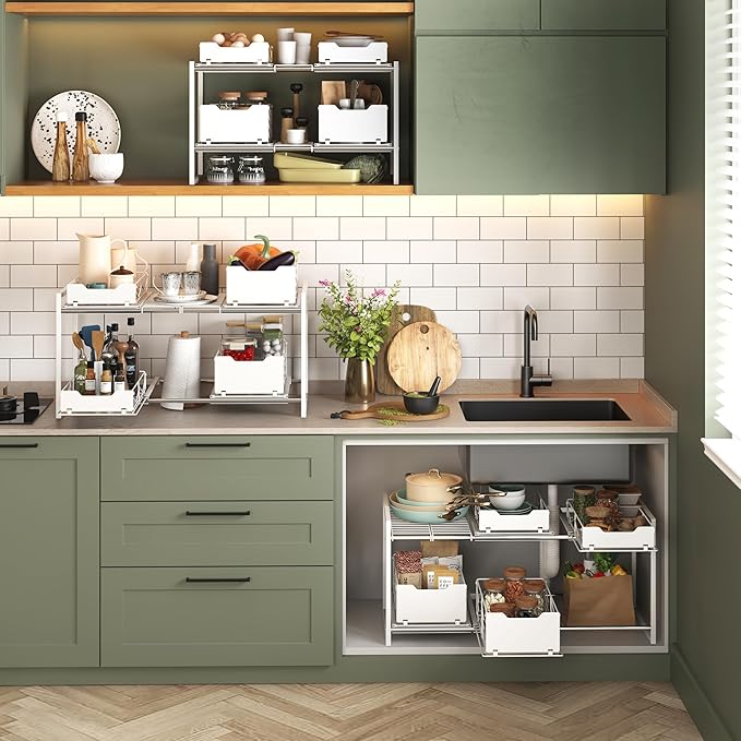 NETEL Pull Out Cabinet Organizer, Slide Out Drawers for Kitchen Cabinets, 2 Tier Expandable Pull Out Under Sink Organizers and Storage, 4 Pull-Out Metal Baskets, (21.5-31.64)" W X 14.69" D X 15.83" H