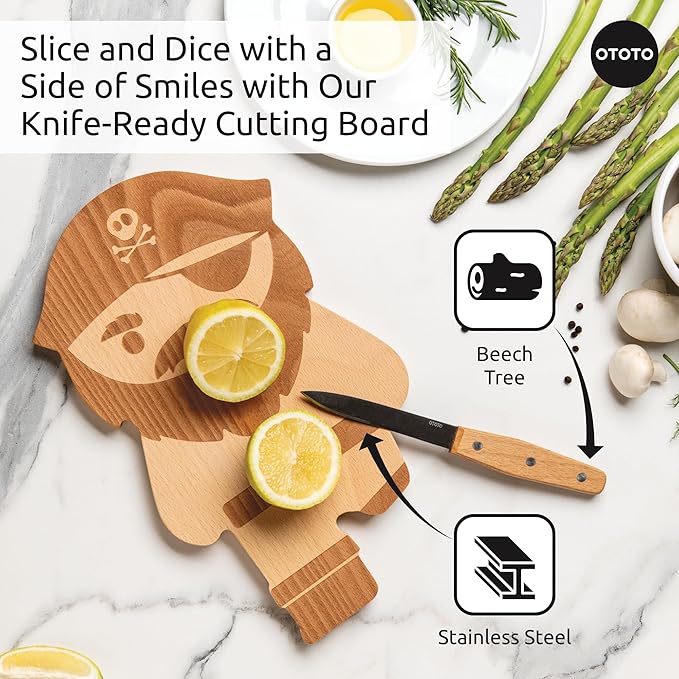 OTOTO Cutting Board Wooden & Plastic Cutting Boards for Kitchen, Fun & Spooky Kitchen Gadgets, Housewarming & Goth Gifts, Dishwasher Safe (Pirate, Wood)