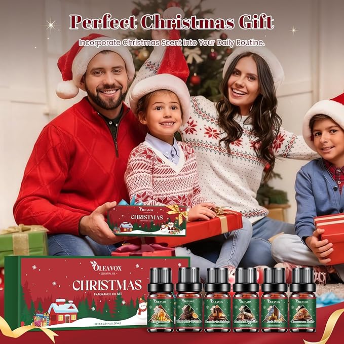 Christmas Essential Oils Set, 6 Premium Winter Fragrance Oils for Diffuser, Candle Scented Oils Gift,Gingerbread, Cinnamon Roll, Hot Baked Apple Pie,Home for the Holidays, Jack Frost, Chocolate Orange
