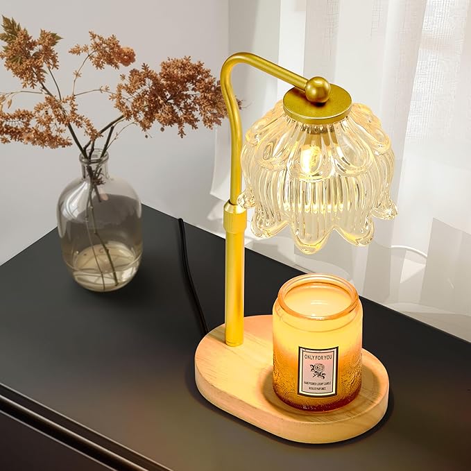 CASTLELIFE Candle Warmer Lamp with Timer & Stepless Dimming, Height Adjustable Electric Wax Warmer for Jar Candles, Flower Wax Melter with Wood Base, Gifts for Women Home Decor, Natural Wood