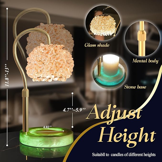 Candle Warmer Lamp with RGB Lighting - Dimmer Electric Candle Lamp Warmer Crystals Lampshade,Adjustable Height Wax Warmer Lamp with 2 Bulbs for Jar Candles,Gifts for Mom Womens(White)