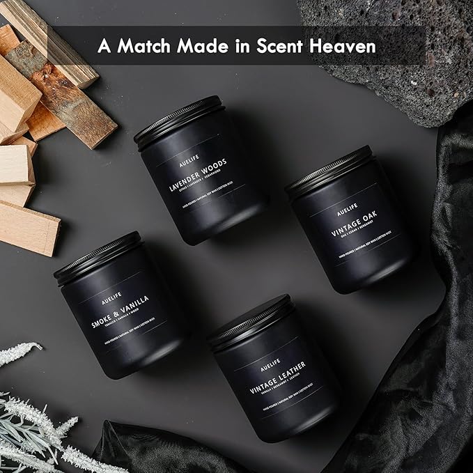 Candle Gift Set for Men – 4 Pack Soy Candles with Cedar Oakmoss, Pine & Clove, Amber Patchouli, Sandalwood – Masculine Scented Candles for Home, Valentine's Day Gift for Him