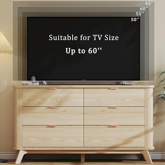 HUAHUU 55" Wide Fluted 6 Drawers Dresser for Bedroom, Mid Century Modern Dresser & Chests of Drawers, Curved Profile Design, Dressers TV Stand, Wood Storage for Hallway, Entryway, Oak