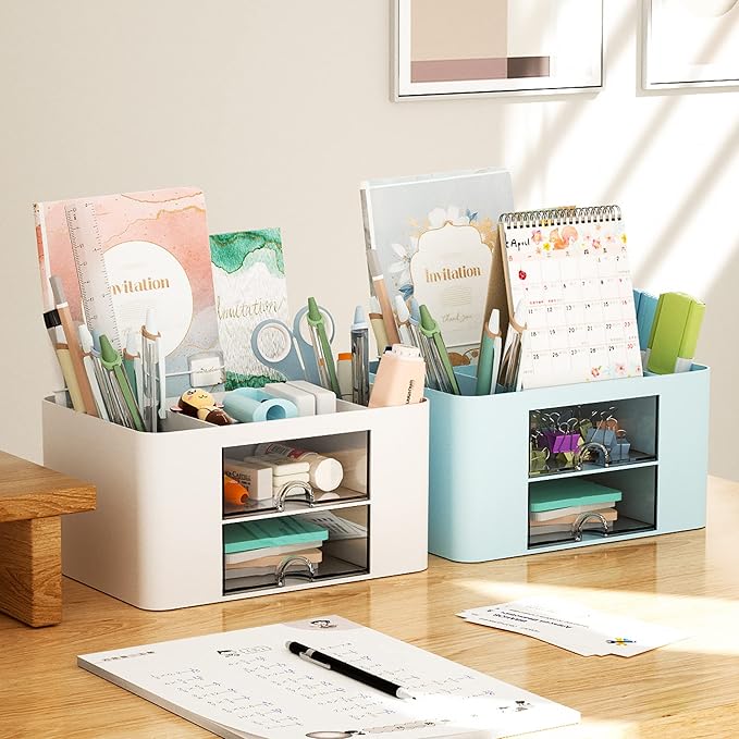 Marbrasse Pen Organizer with 2 Drawer, Multi-Functional Pencil Holder for Desk, Desk Organizers and Accessories with 5 Compartments + Drawer for Office Art Supplies (Blue)