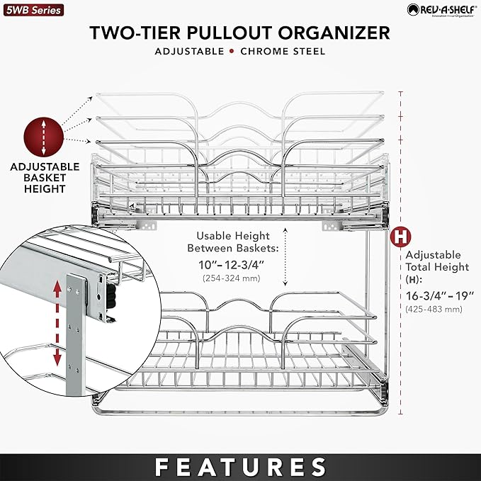 Rev-A-Shelf 2-Tier Kitchen Cabinet Pullout Shelf and Drawer Organizer Slide Out Pantry Storage Basket in Multiple Sizes, 18 x 22 In, 5WB2-1822CR-1