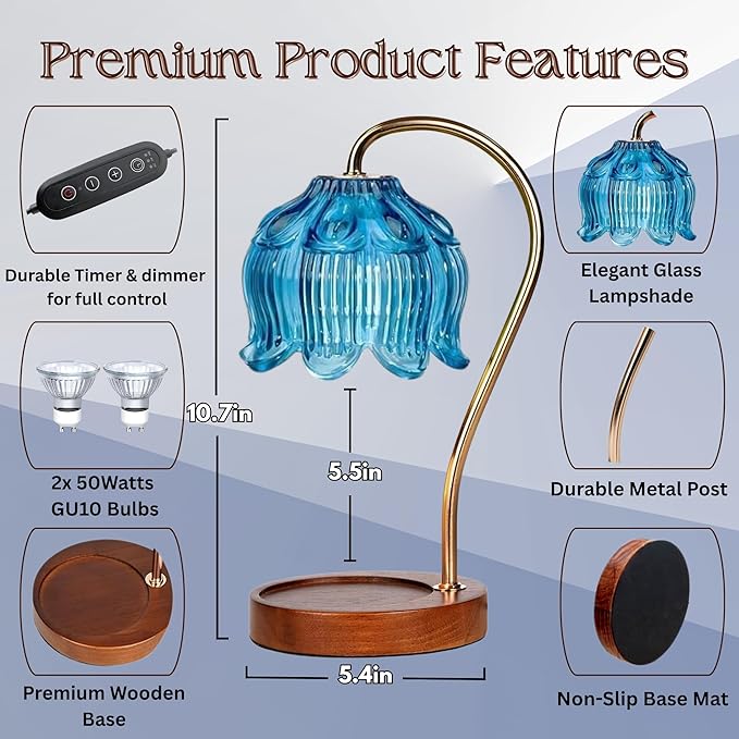 Candle Warmer Lamp with Timer, Dimmable Wax Melt Lamp for Large & Standard Jar Candles, Includes 2 GU10 Bulbs, Elegant Vintage Home Decor Gift for Women & Mom (A1-Blue Lotus)