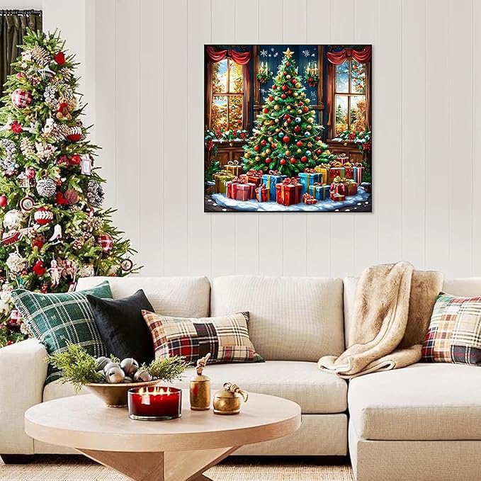 Accompany Wind Christmas Diamond Art Kits for Adults, Christmas Tree Diamond Painting Kits, 5D Round Full Drill Winter Diamond Art Crafts for Home Wall Decor Gifts 14x14 Inch