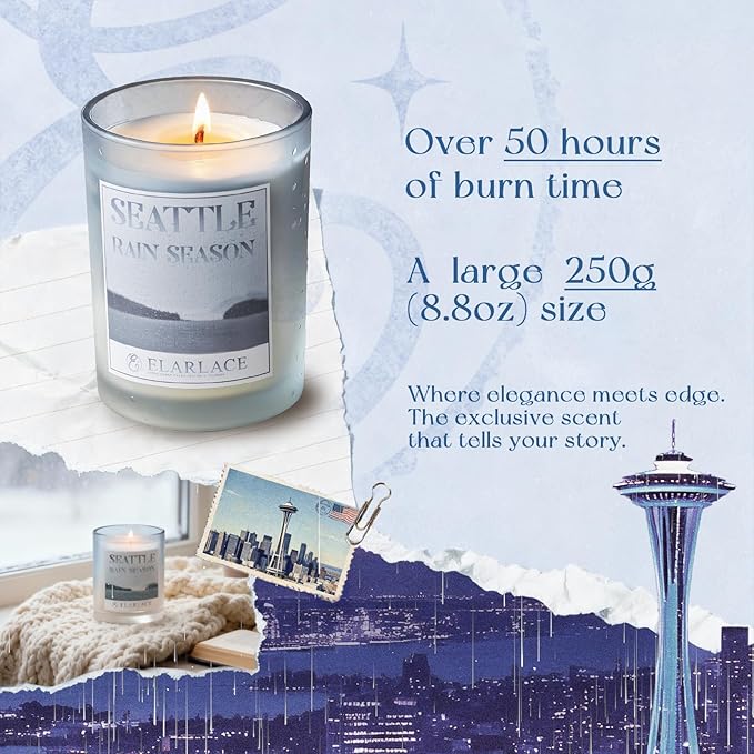 Seattle RAIN Season Scented Candle | 40H Burn Time, 8.8oz Clean-Burning Plant-Based Candle | Tranquil Pacific Northwest Scent | Fall & Holiday Gift for Travel Lovers