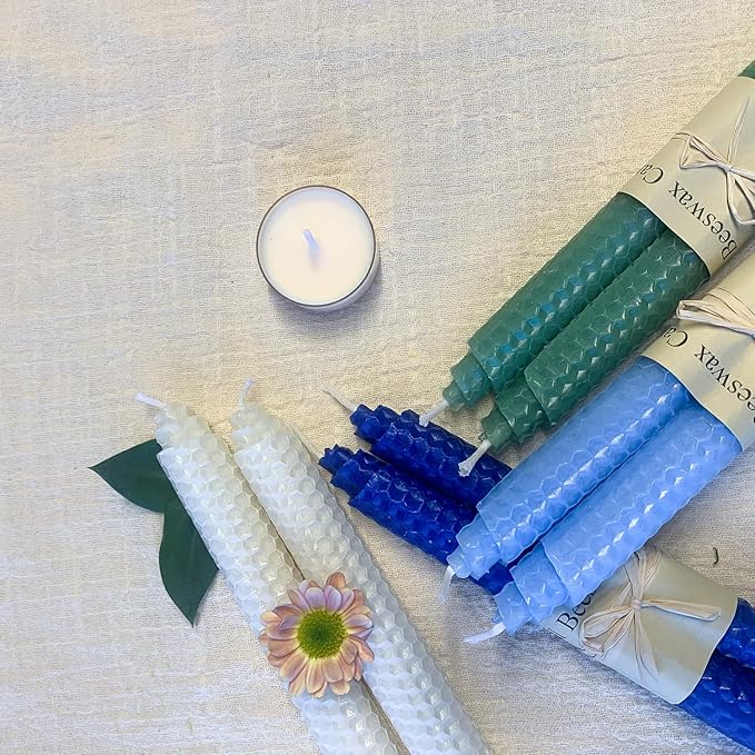 Lacaser Natural Beeswax Taper Candles Bulk 14 Pack, 9" Long Candle Sticks, Unscented & Dripless Bees Wax Made Candles, Blue White Green in 7 Assorted Colored Colors