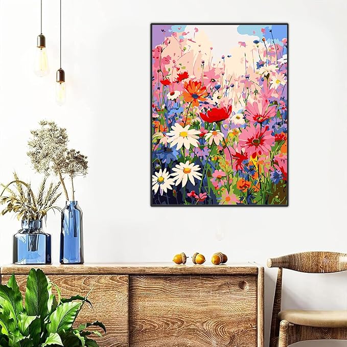 Meothan Framed Paint by Numbers Kits for Adults, Wild Flowers Paint by Number for Adults Beginners, Flower Paint by Numbers Kits on Canvas with Framed and Easel for Home Wall Decor 12x16inch