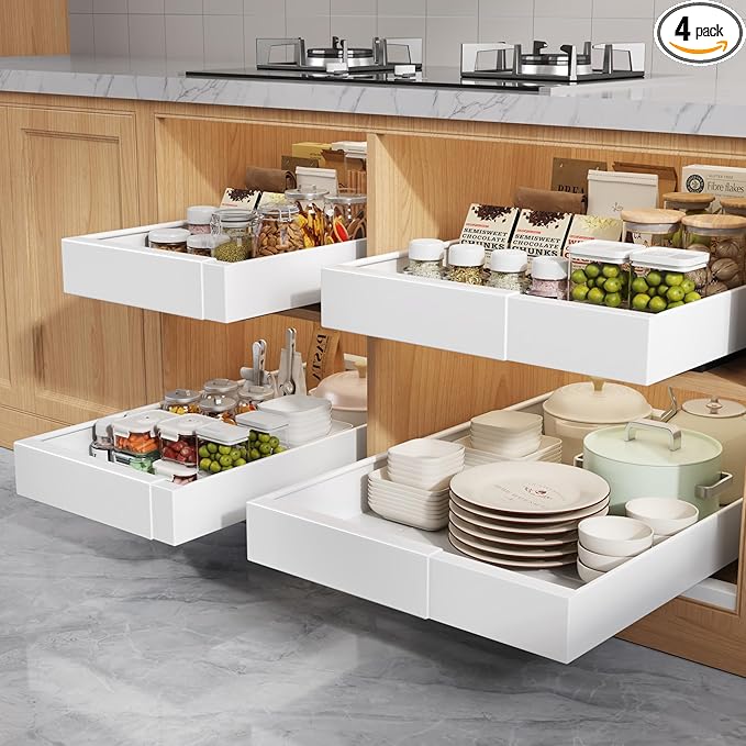 Seinloes 4 Pack Pull Out Cabinet Organizers 21" Deep With Raising Pad for Framed Cabinets, Expandable Width (9"-14") Slide Out Drawers Upgrade 3 Slide Rails, Roll Out Shelves Adhesive, White