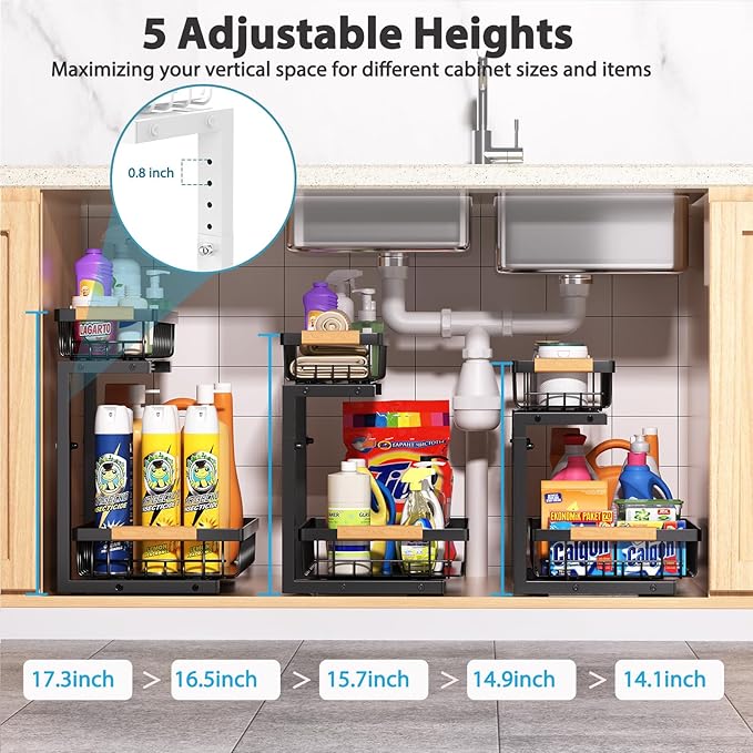 Liuoud Under Sink Organizer Storage 1 pack, 2 Tier Slide Out Height Adjustable Pull Out Cabinet Organizer Drawers, Kitchen Bathroom Large Capacity Metal Under Sink Rack Caddy Basket Shelves, Black