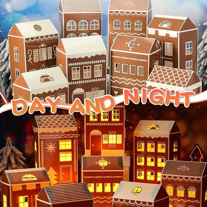 Reallnaive 20 Pcs Large 8" Christmas Cardboard Village Houses Set Xmas DIY Village Houses with LED Candle Paper Home and Tree Figurine Scene Desktop Ornament for Home Party Decor(Gingerbread,Brown)