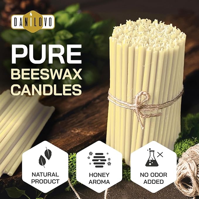 Danilovo Thin Taper Beeswax Candles - Honey-Scented, Decorative Candles Ideal for Birthday Decoration or Church Prayers - White Drip Free, Tall & Smokeless Pack of 50 pcs, 7.3 x 0.24 inch