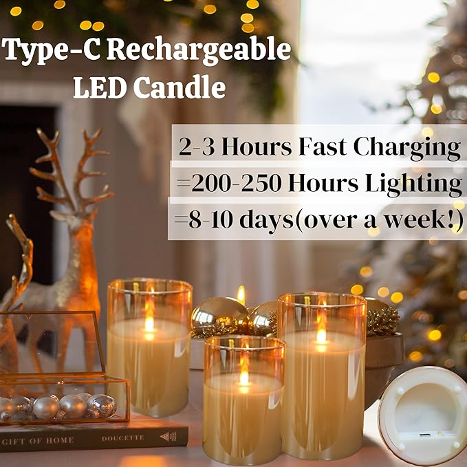 200 Hours Rechargeable Flickering Flameless Candles, Mothers Day Gifts, Rechargeable Battery Glass Pillar Candle with Remote and Timer, Real Wax for Home Living Room Decor, Ideal Gift for Women