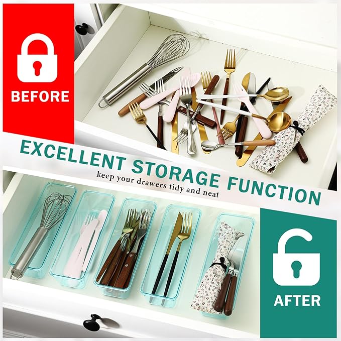 Maitys 12 Pcs Clear Drawer Organizer 9 x 3 x 2 Inches Plastic Rectangle Trays Makeup Vanity Storage Bins and Kitchen Drawers Dividers for Office Desk Silverware Kitchen Utensils(Blue)