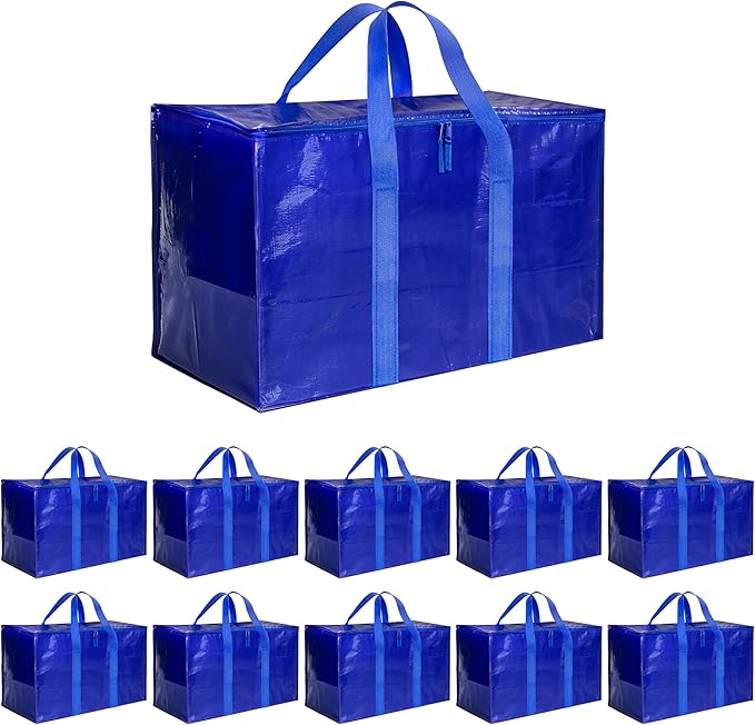 Simple Deluxe 10 Pack Extra Large Moving Bags with Lids, Reinforced Handles and Zippers, Heavy Duty Storage Tote for Moving Travel Camping Space Saving, Blue