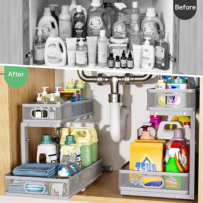 Under Sink Organizer 2 Pack, High Adjustable 2 Tier Under Sink Organizers and Storage, Slide out Metal Cabinet Organizers, Pull out Storage Drawer Shelf for Kitchen Bathroom Cabinet