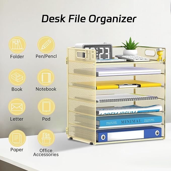7 Tier Paper Organizer - Mesh Desktop File Holder with Handles for Office School Desk (Gold)