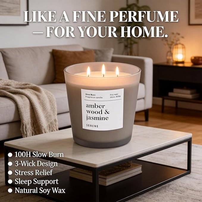 Hidden Label Amber Wood & Jasmine Scented Candle, Non Toxic 30oz Large 3-Wick Soy Wax Candle, Up to 100 Hours Slow Burn, Warm Floral Home Fragrance for Bedroom, Romance & Luxury Gift for Women