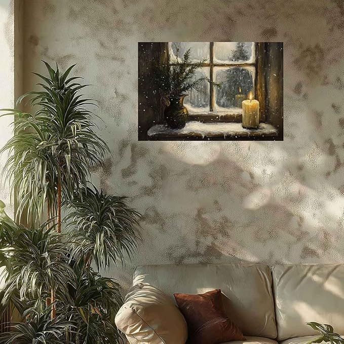 Cozy Winter Window with Candle & Evergreen Paint by Numbers for Adults, Snowy Night DIY Painting Kit, Warm Home Decor 24 Colors 16x20 inch Framed