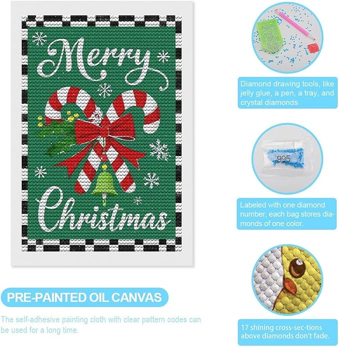 AIVKIEJK Diamond Painting Kits for Adults - Festive Merry Christmas Red Bow, Candy Cane & Bell Painting DIY 5D Full Drill Diamond Dots Paintings with Diamonds Gem Art and Crafts Home Decor 8"x12"