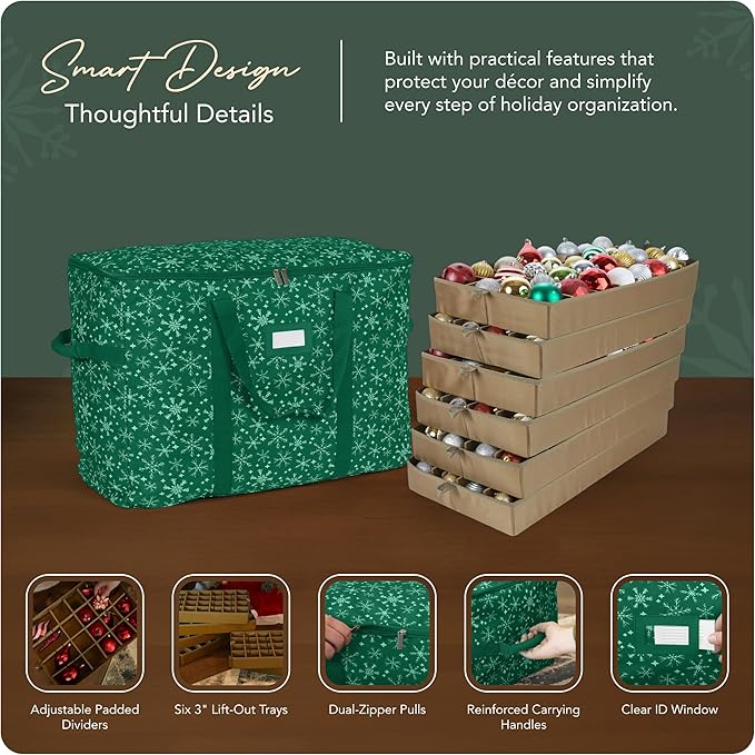 Covermates Keepsakes Adjustable Ornament Storage Bag – Heavy-Duty Polyester, Padded Dividers & FlexGrid Trays – Protective Holiday Ornament Organizer with Handles & Label Window, Green Snowflake