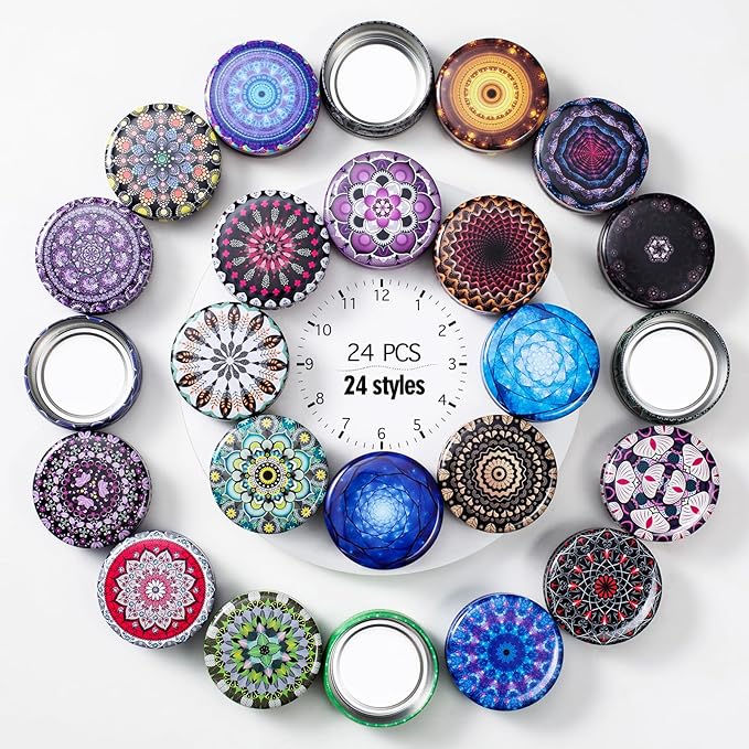 Luxetins 24 Pack Empty Candle Tins, 24 Designs Metal Tins,Candle Containers with Lids,Bulk Candle Jars,Wicks, Stickers, Wicks Holder for DIY Candle Crafting Small Businesses(2.5OZ×24PCS)