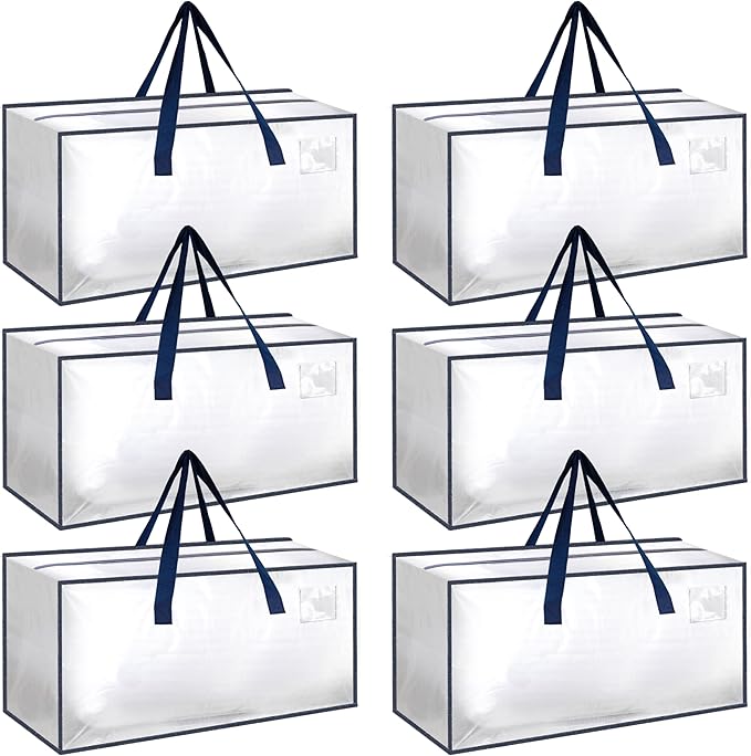 Simple Deluxe 6 Pack Extra Large Moving Bags with Backpack Straps, Strong Handles/Zippers, Heavy Duty Storage Tote for Moving Travel Camping Space Saving, White