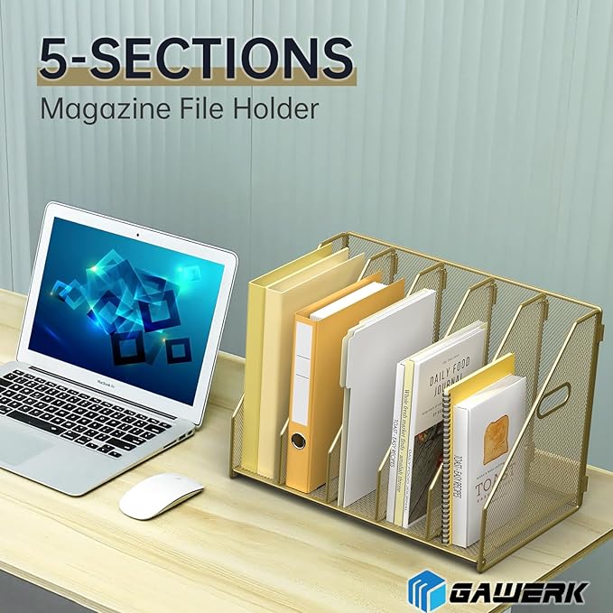 MINDEPOT Desk File Organizer Metal Desk Magazine Folder Holder with 5 Vertical Compartments Rack File Organizer for Office, Home, School (Gold)