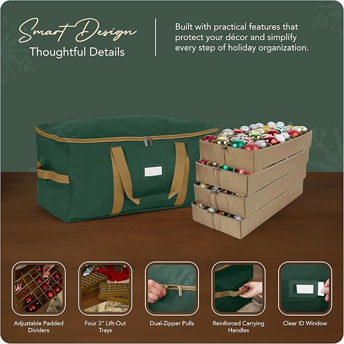 Covermates Keepsakes Adjustable Ornament Storage Bag – Heavy-Duty Polyester, Padded Dividers & FlexGrid Trays – Protective Holiday Ornament Organizer with Handles & Label Window, Green