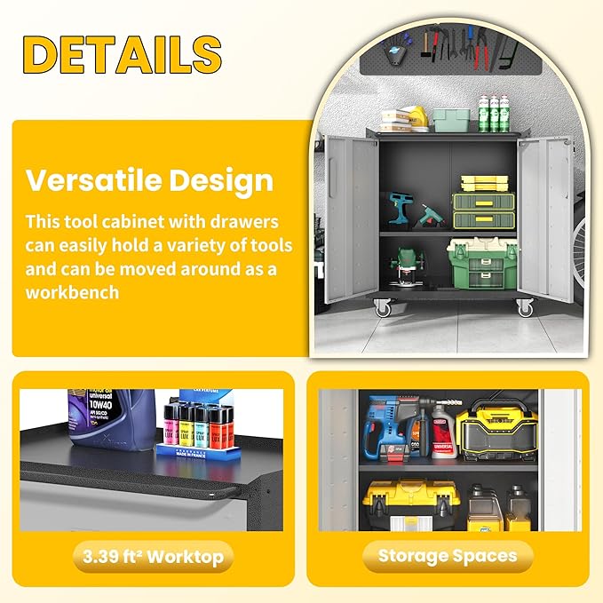 Garage Storage Cabinets with Wheels, Locking Metal Storage Cabinets with Doors and Adjustable Shelves, Easy Assembly Tool Cabinet for Garage, Basement,Warehouse